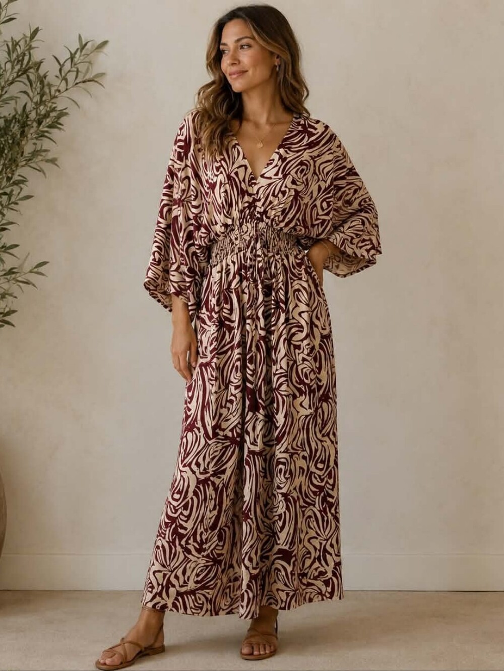 White Waves Abstract Print Maxi Dress in Burgundy and Cream